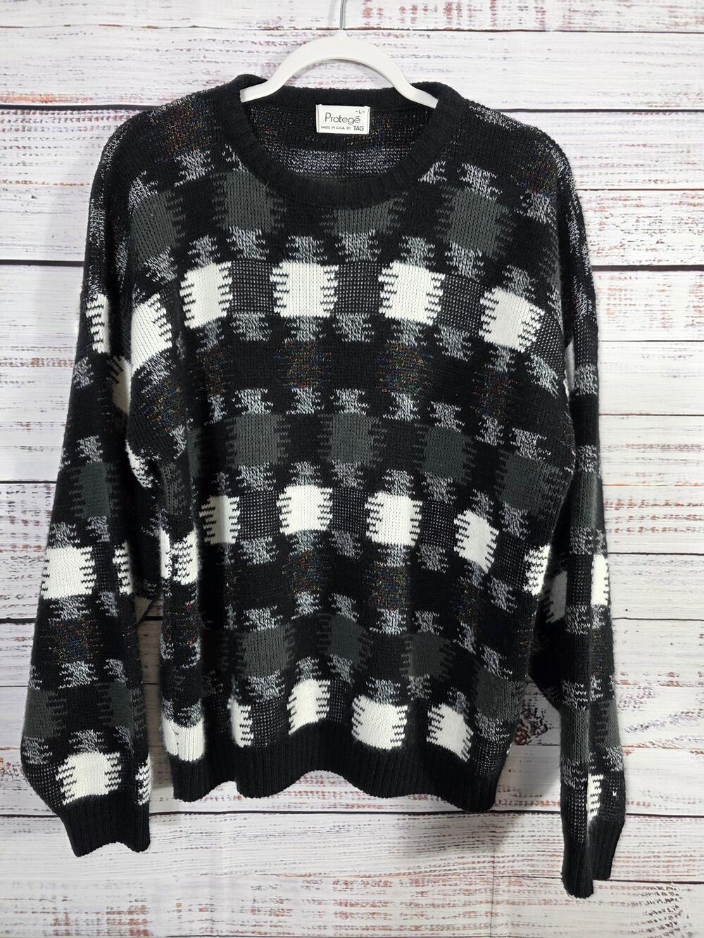 VTG 80s 90s Protege by TAG Sweater Black white checkered Kni Made in USA Large